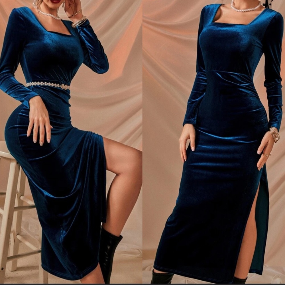Velvet square neck split thigh maxi dress - Picture 6 of 7